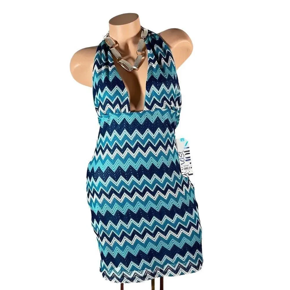 NWT Almost famous Sz L Teal White Chevron Backless Cleavage Sexy Fun mini dress